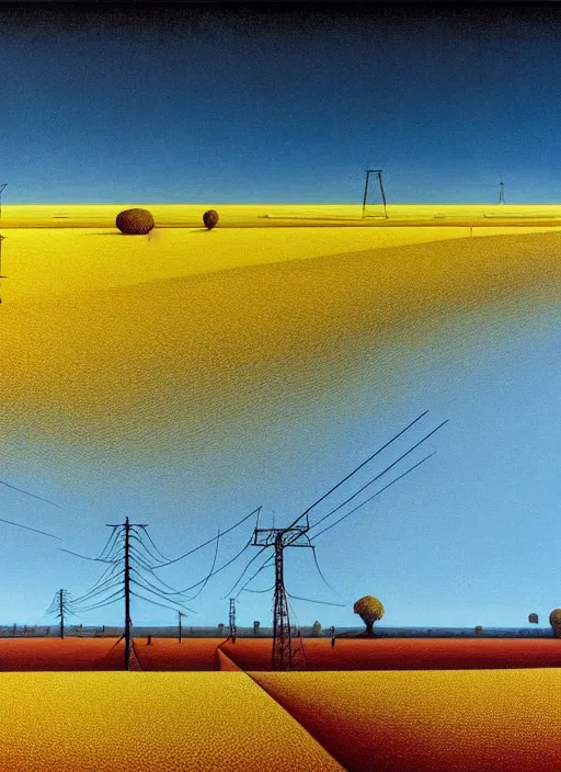 Image similar to hyper detailed 3d render like a Oil painting - the endless plains, light and shadow, yellow wheat fields and electric poles, by Jacek Yerka, Mariusz Lewandowski, Houdini algorithmic generative render, Abstract brush strokes, Masterpiece, Edward Hopper and James Gilleard, Zdzislaw Beksinski, Mark Ryden, Wolfgang Lettl, hints of Yayoi Kasuma, octane render, 8k