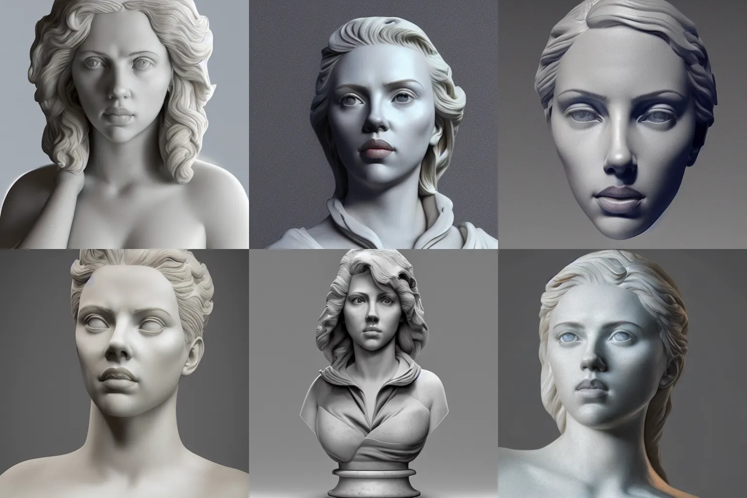 Image similar to a marble bust of actress Scarlett Johansson, made of Carrara marble, extremely detailed, 8K render, unreal engine, octane render, intricate, CGI, cgsociety, photograph, single subject, medium shot, shallow depth of field, by Gian Lorenzo Bernini