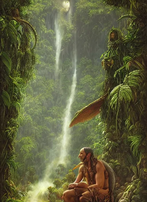 Image similar to a shaman sitting in the jungle, with giant faces of ancestors behind him, hyper detailed, art by christophe vacher