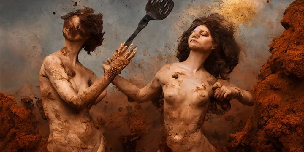 Prompt: highly detailed photography of a woman made of rust clay and embers, rocks, fire, hand gesture, sharp focus, dust particles, dirt, dramatic scene, aesthetic, dynamic lighting, elegant, harmony, masterpiece, by roberto ferri, blue background, high quality, spatula