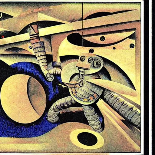 Image similar to giant humanoid robots with lazer eyes. graphical work by anatoly fomenko and bilibin and giger and lissitzky