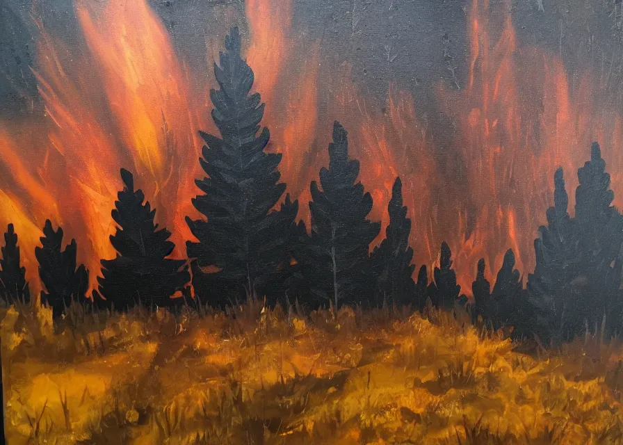 Image similar to black church on fire in a dark spikey forest, oil painting