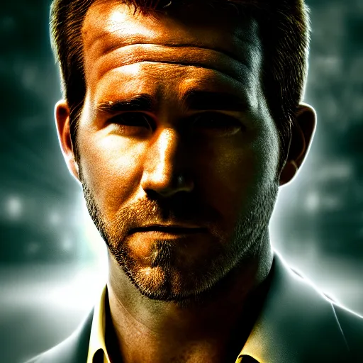 Image similar to a portrait of a Ryan Reynold as a John constantine, DC, yellow aura, magic, fantasy, HDR, natural light, shoulder level shot, dynamic pose, demons, award winning photograph, Mucha style 4k,