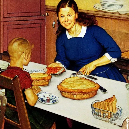 Prompt: housewife putting a hot apple pie on kitchen table, blue dress, apron, giving the middle finger to her husband, 2 children eating, artwork of norman rockwell