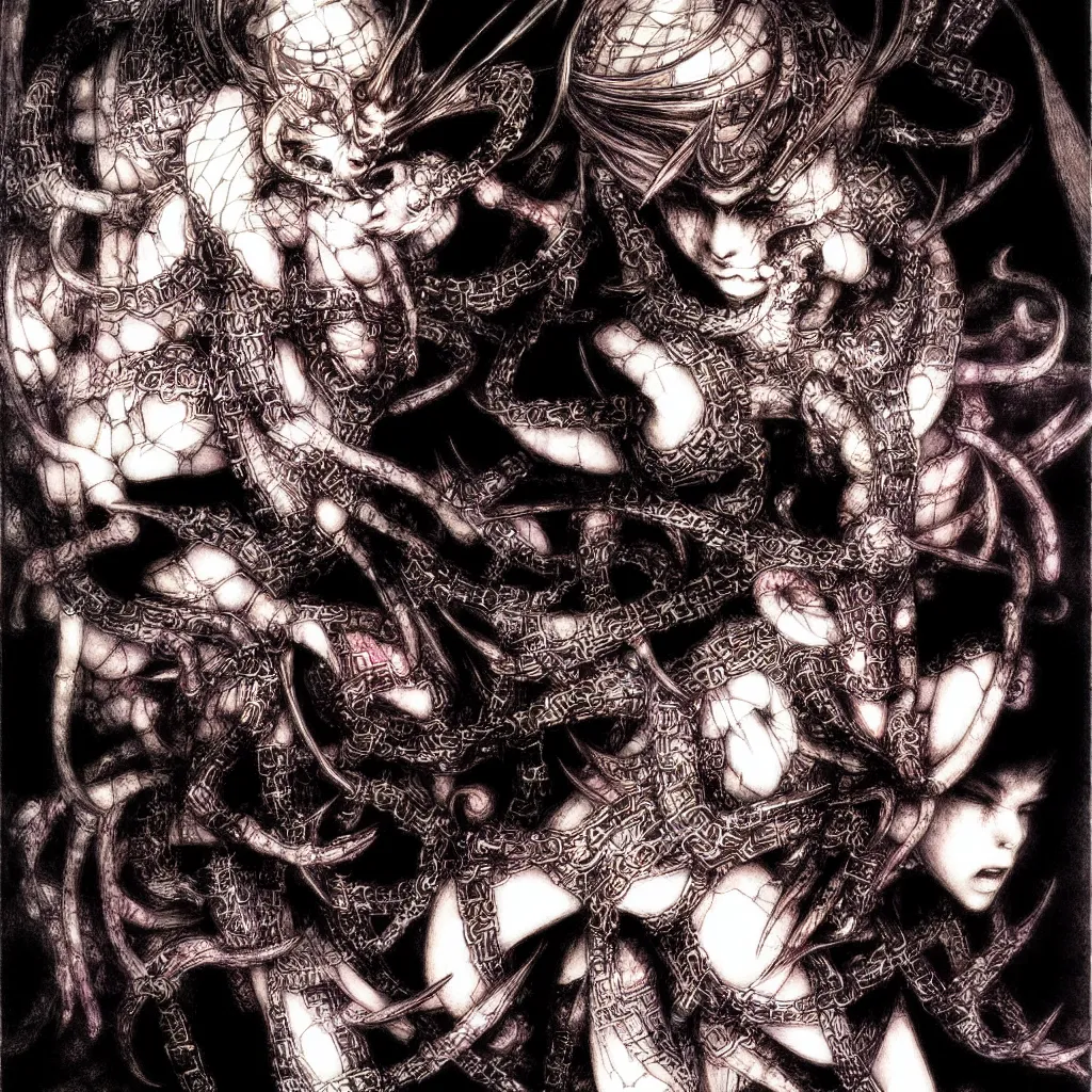 Image similar to a demon struggles to seek redemption - Yoshitaka Amano