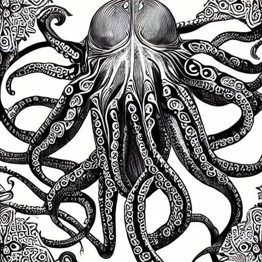 Image similar to detailed intricate black and white illustration of an alien octopus