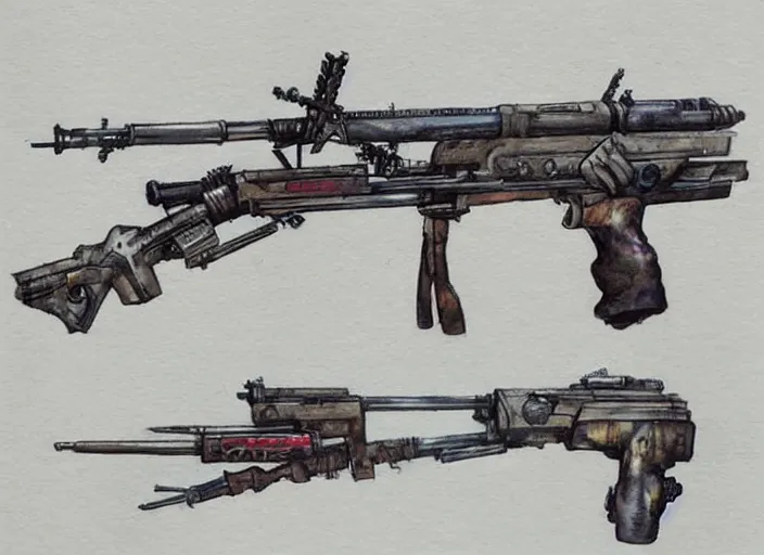 Image similar to concept art of a rifle futuristic weapon, fantasy, steampunk, pinterest, artstation trending, behance, watercolor, by coby whitmore, silver, laser light,