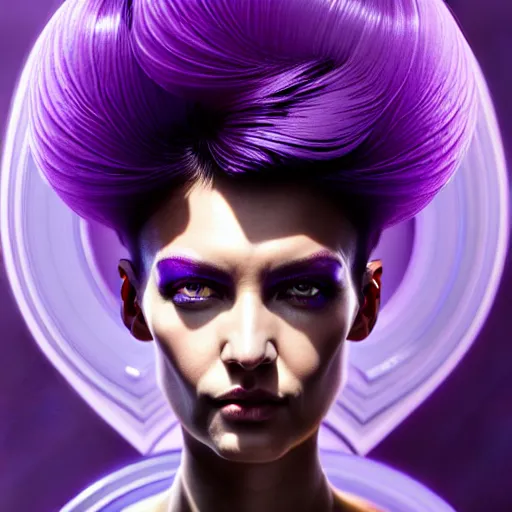 Image similar to woman with extremely large and intricate haircut with angry purple eyes and slim features looking askance, eye cyberpunk bionics, retro futurist style, intricate, elegant gleaming intricate baroque jewelry, angelic halo, highly detailed, digital painting, artstation, concept art, smooth, sharp focus, illustration, art by wlop, mars ravelo and greg rutkowski,