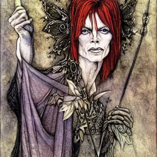 Image similar to David Bowie as the Fairy King, portrait, illustration by Brian Froud and John Bauer, black lineart