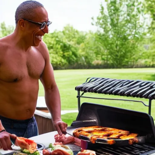 Image similar to gus fring cooking at a family barbecue with no shirt on, laughing out loud