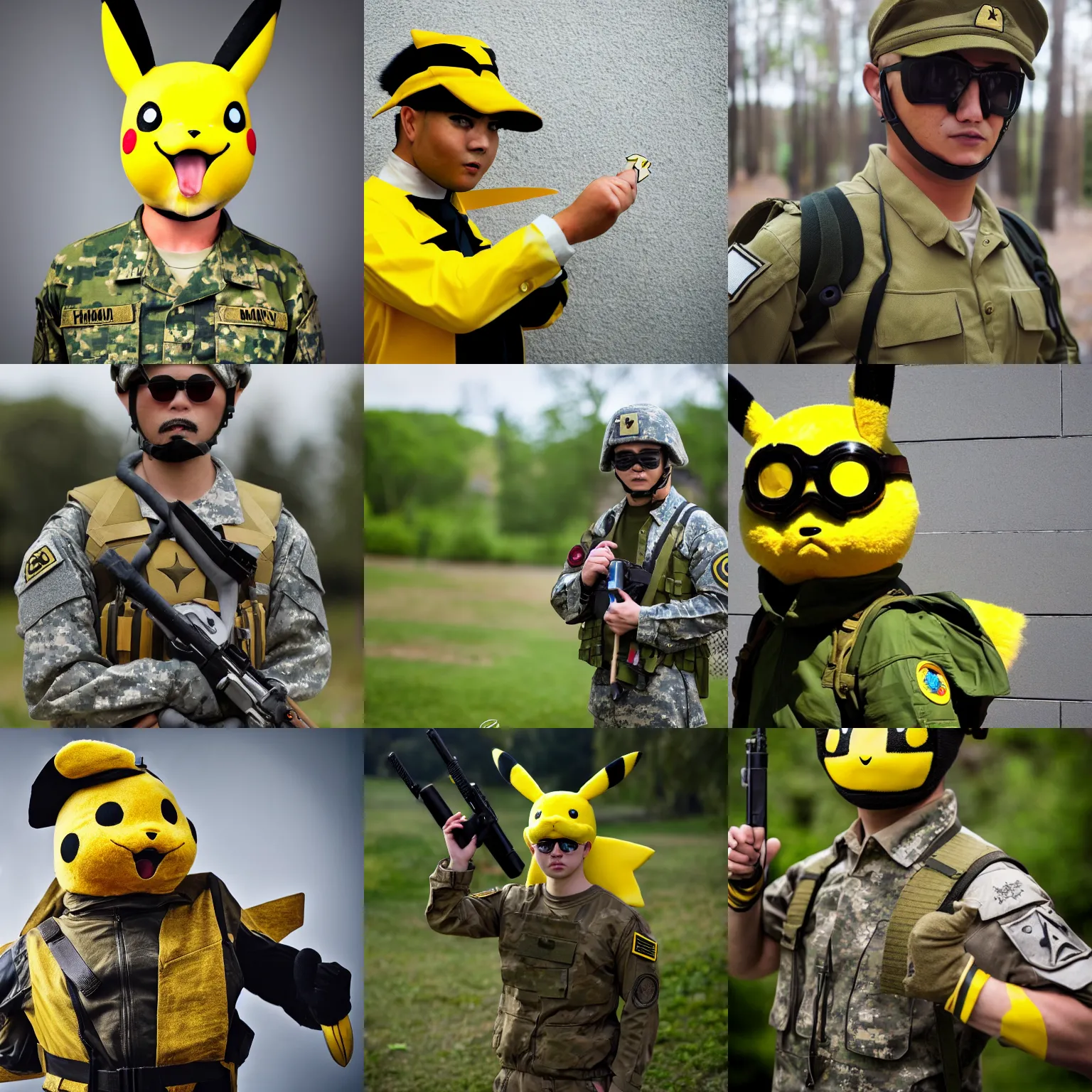 Prompt: a man cosplaying as military commander pikachu, photography, high definition