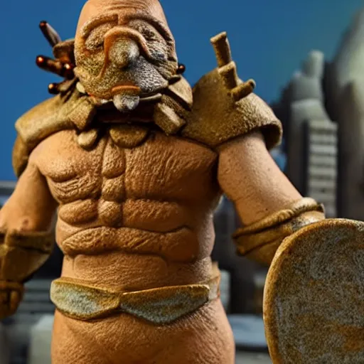 Prompt: A ancient moleman warrior defends his city. In claymation.