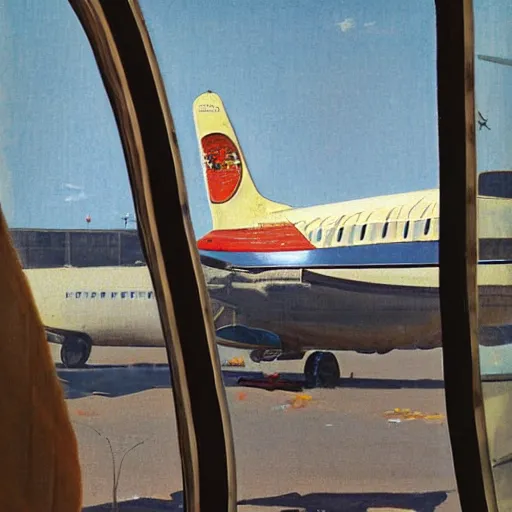 Prompt: Window view of an African airport of a Lockheed L-188 Electra parked on the runway, norman rockwell and andrew loomis artwork