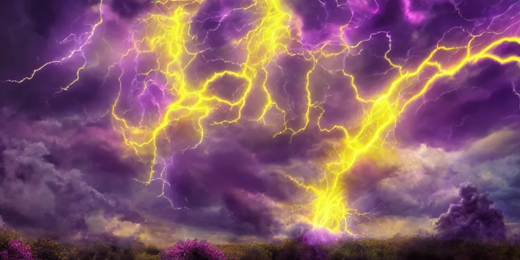 Prompt: a purple wizard casting spells and yellow thunders hdri dramatic sky with intricated spells and stormcloud glimpses of flares and beams airbrush tones