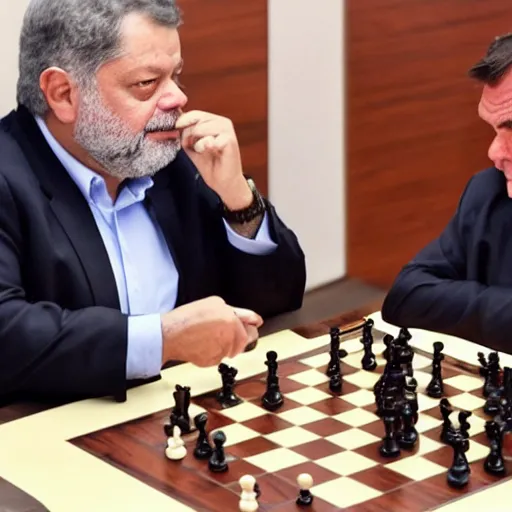 Image similar to photo of luis inacio lula da silva and jair bolsonaro playng chess, detailed 4 k