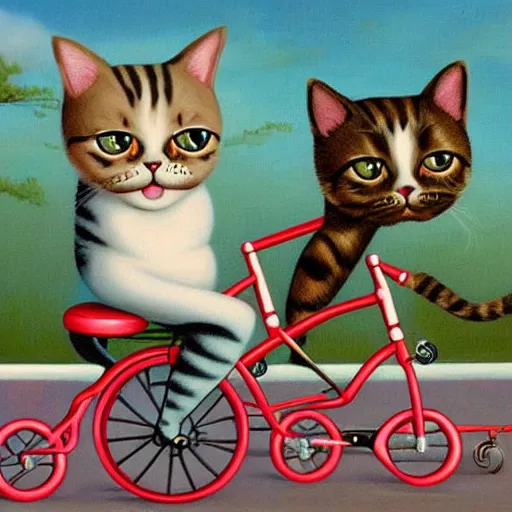 Image similar to ! dream a cat and a child on a tandem bike, lowbrow painting by mark ryden