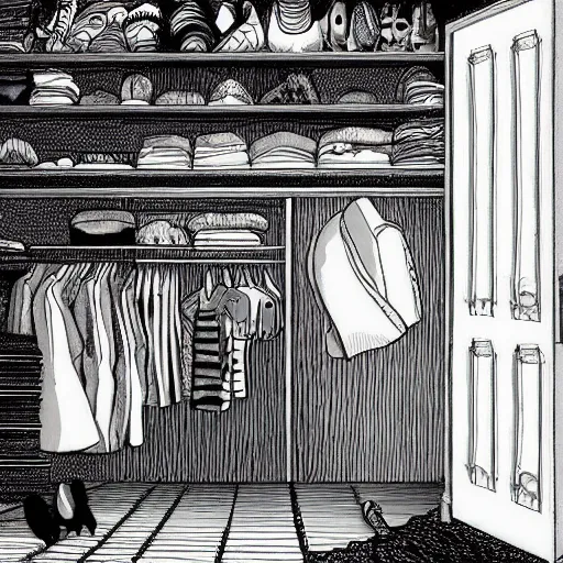 Image similar to an open wardrobe revealing the entrance to a fantastic world, storybook illustration, monochromatic