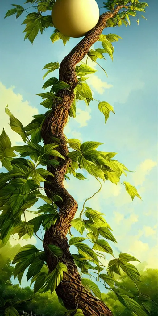 Image similar to a thin tree with an extremely long trunk, spherical foliage, low angle, ant perspective, fantasy digital painting by artgerm and leyendecker, surreal, photorealistic