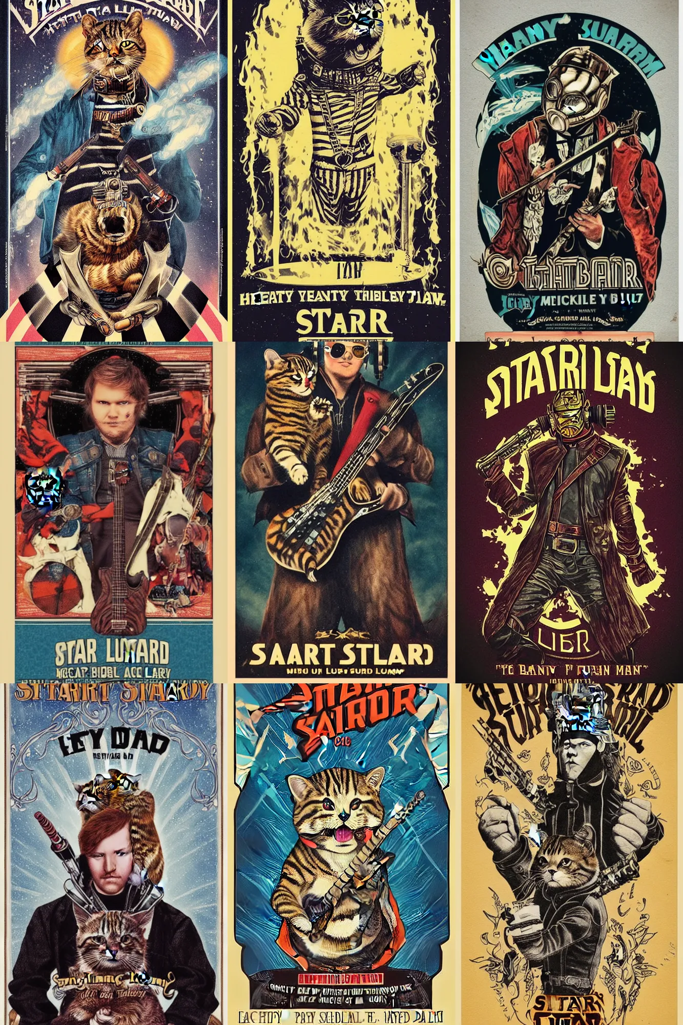 Prompt: Victorian concert poster for heavy metal band “star lord” featuring a striped tabby cat