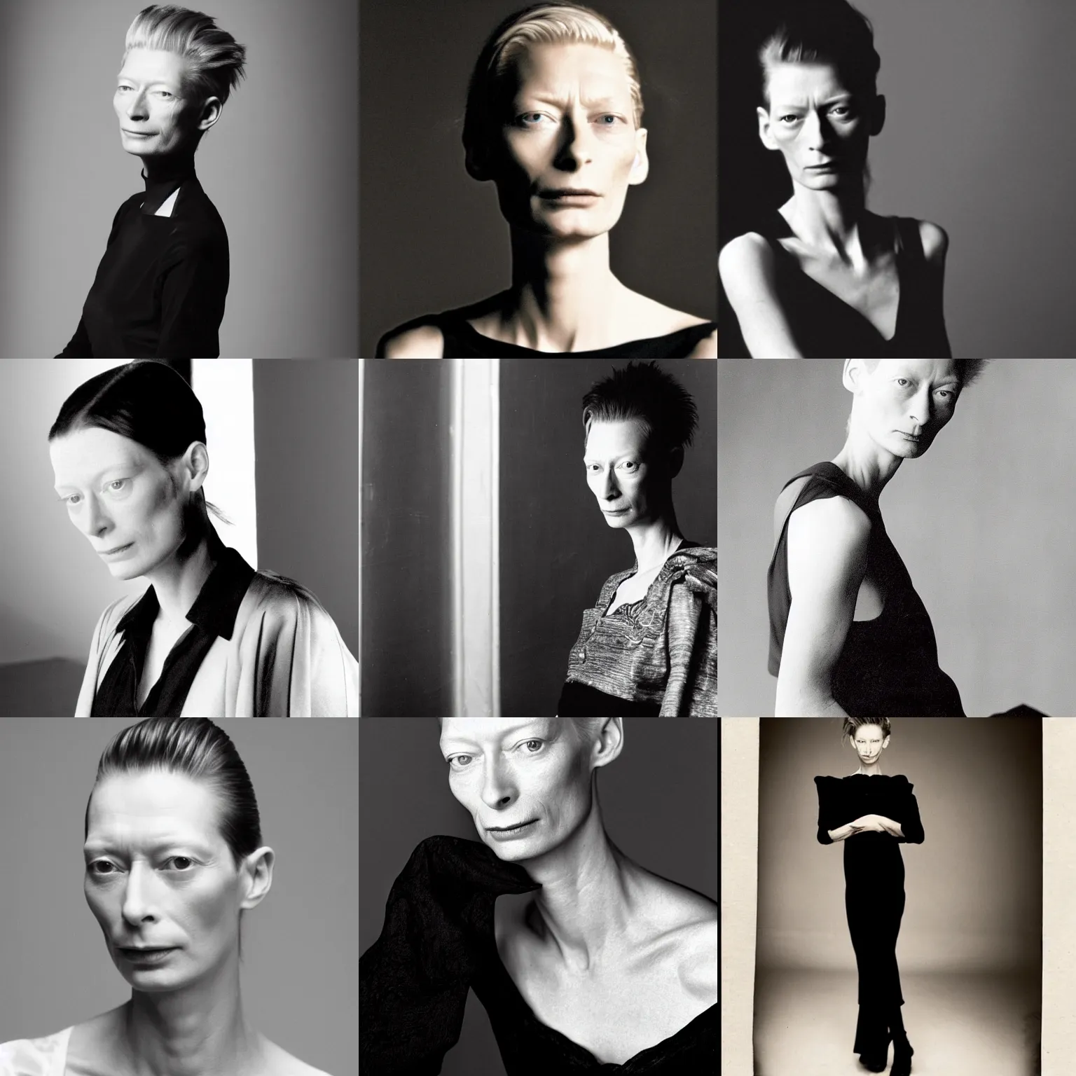 Prompt: the portrait photo of young tilda swinton weared in black dress in studio