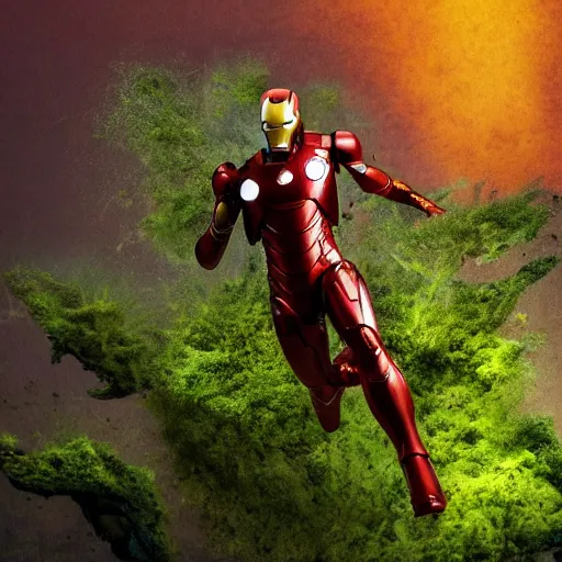 Image similar to rusty iron man suit with moss being reclaimed by nature underwater!!!!, 4 k, spooky