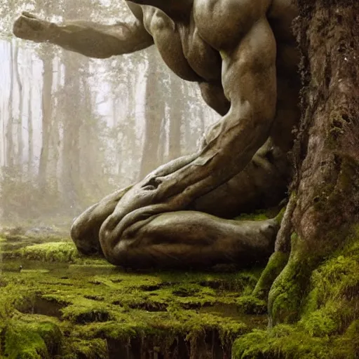 Prompt: ancient stone golem resting beside a pond inside a forest, muscular statue with moss, oil painting, by Greg Rutkowski