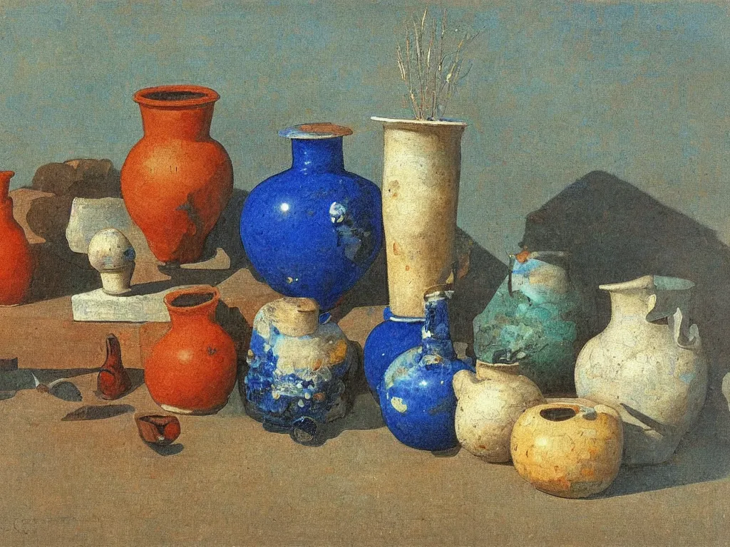 Prompt: greek painted ceramic, pottery, amphora, vase, negative - positive, floating in the night sky. lapis - lazuli, turquoise, malachite, cinnabar, earth brown. painting by georged de la tour, balthus, agnes pelton