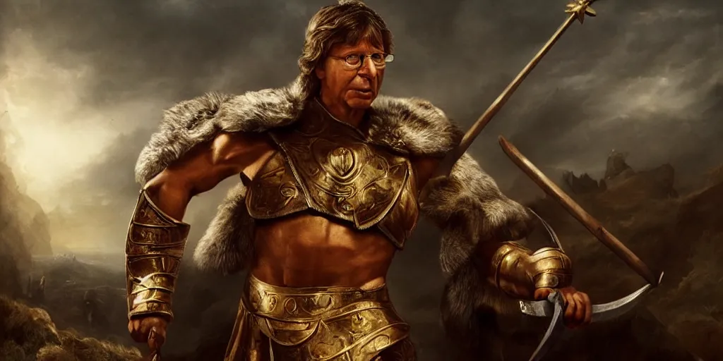 Prompt: bill gates as a glorious buff roman warrior, cinematic, dramatic lighting