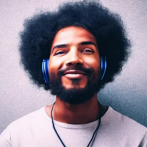 Image similar to portrait of black man with afro wearing headphones, looking cool, hd