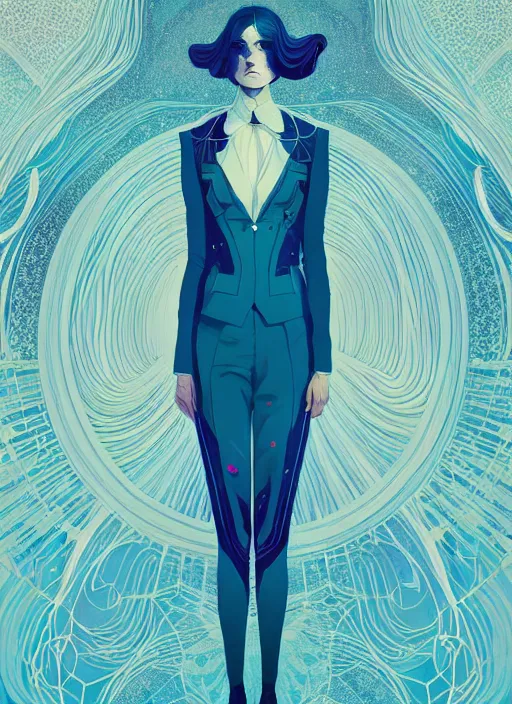 Prompt: portrait of beautiful nordic woman wearing suit gothic clothes, blue eyes, artstation winner by victo ngai, kilian eng and by jake parker, by conrad roset, swirly vibrant color lines, winning award masterpiece, fantastically gaudy, aesthetic octane render, 8 k hd resolution