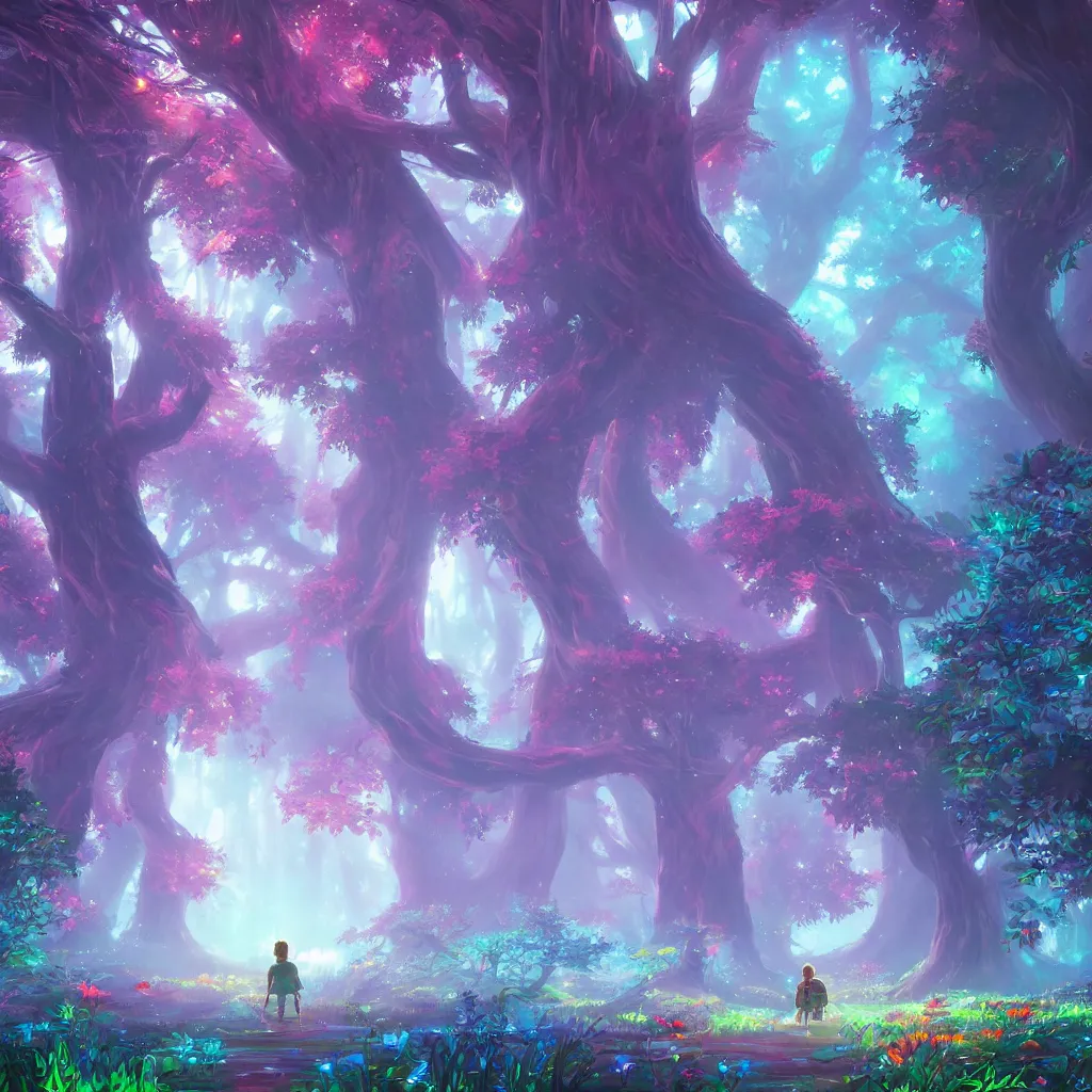 Image similar to huge trees, misty nighttime. radiating colorful energy. photorealistic, moody atmosphere,, holographic undertones, intricate and detailed, highly saturated colors. ori and the blind forest, breath of the wild style, studio ghibli!!!. trending on artstation. award winning, daily deivation