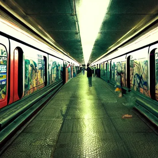 Image similar to subway on the platform, enter the void movie style, extremely realistic, psychedelic