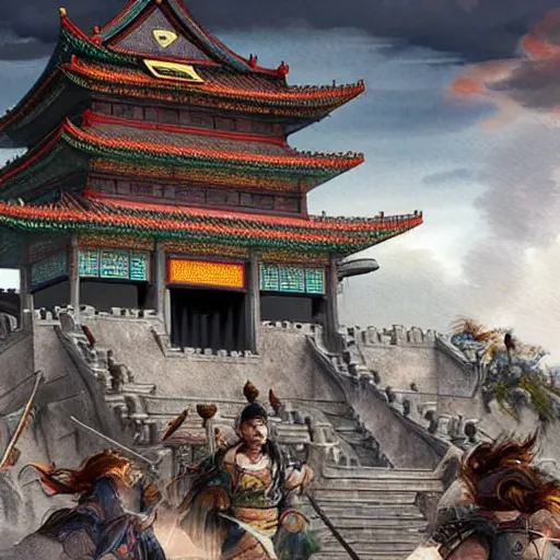 Image similar to dynamic composition, motion, ultra-detailed, incredibly detailed, a lot of details, amazing fine details and brush strokes, colorful and grayish palette, smooth, HD semirealistic anime CG concept art digital painting, watercolor oil painting of epic castle gate, from Three Kingdoms, by a Chinese artist at ArtStation, by Huang Guangjian, Fenghua Zhong, Ruan Jia, Xin Jin and Wei Chang. Realistic artwork of a Chinese videogame, gradients, gentle an harmonic grayish colors.