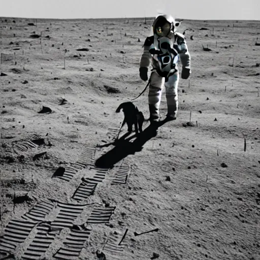 Image similar to a child taking his dog for a walk on the moon near the human settlement