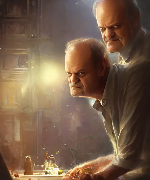 Prompt: kelsey grammer, cinematic, making tossed salad, and scrambled eggs, elegant, highly detailed, digital painting, artstation, smooth, hard focus, illustration, art by jessica rossier and and brian froud