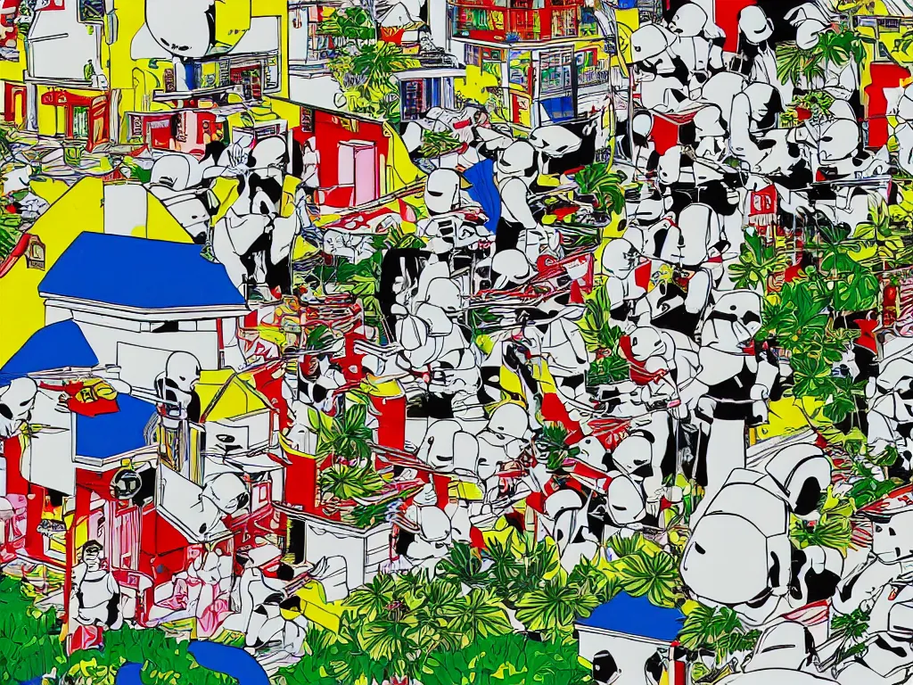 Image similar to detailed close - up image of the japanese home with a garden, stormtroopers in hot springs, pop - art style, jacky tsai style, andy warhol style, roy lichtenstein style, rich palette, acrylic on canvas