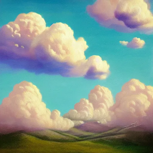 Prompt: Cloud Castles, celestial light, divine, in the style of Wylie Beckert