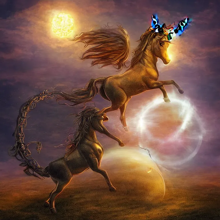 Prompt: A unicorn is trapped inside a magical glowing sphere. The sphere is in midair, held aloft by sinister rusting steel pincers. A hellish burnt landscape is in the background. Digital art, in a dark fantasy style by Anne Stokes