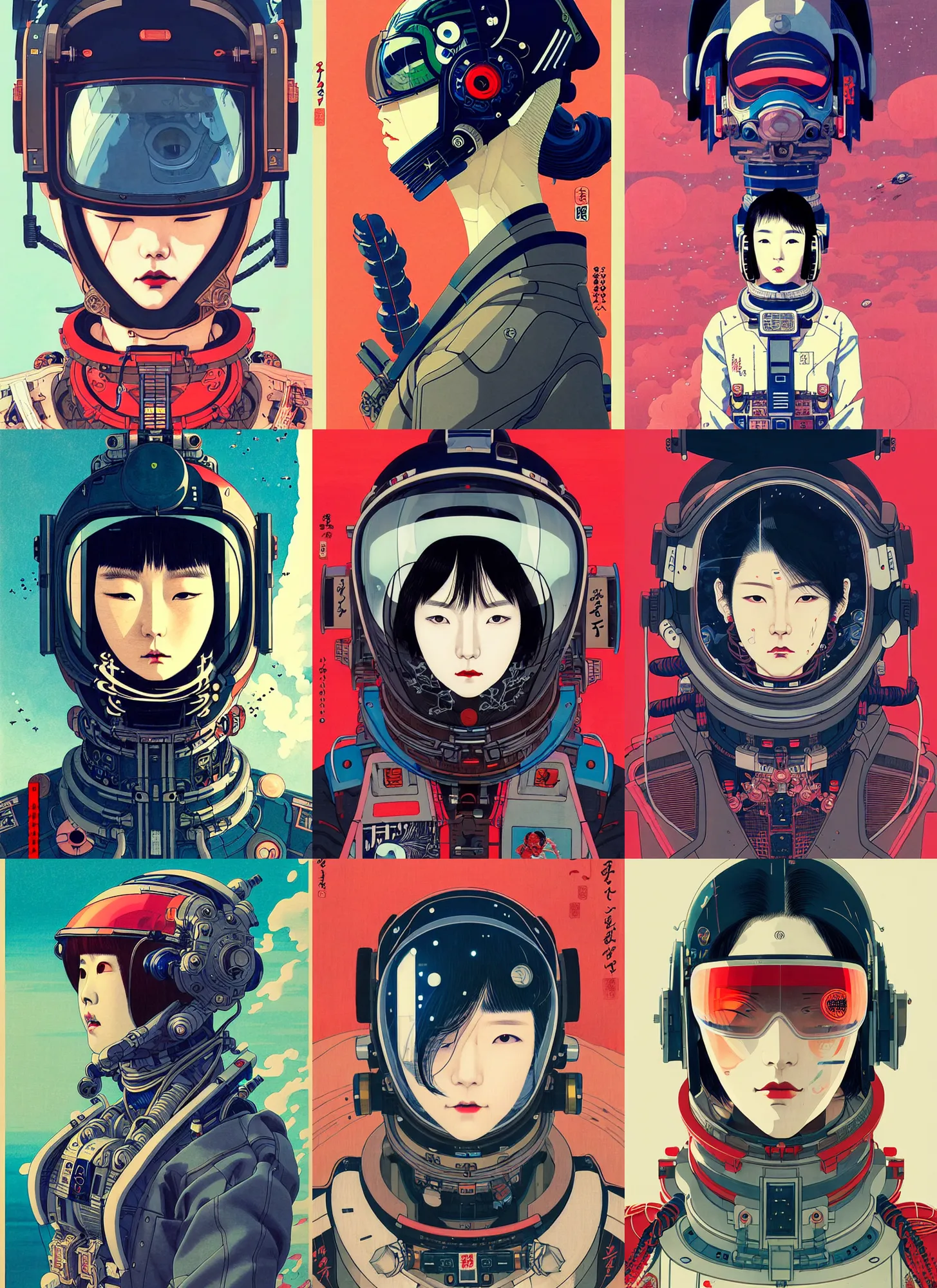 Prompt: a beautiful ukiyoe painting of cyberpunk battle space pilot, lee jin - eun wearing space techwear, detailed symmetrical close up portrait, intricate complexity, concept art, by wlop, conrad roset, james jean, vincent di fate, cinematic dramatic atmosphere, sharp focus