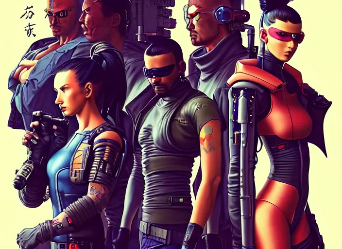 Image similar to cyberpunk samurai team. portrait by stonehouse and mœbius and will eisner and gil elvgren and pixar. character design. realistic proportions. cyberpunk 2 0 7 7 character art, blade runner 2 0 4 9 concept art. cel shading. attractive face. thick lines. the team. diverse characters. artstationhq.