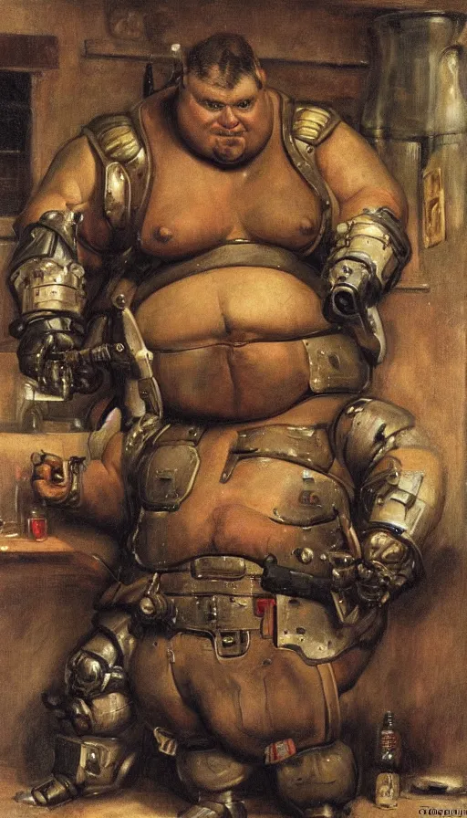 Image similar to upper body portrait of a fat armoured cyborg in an english country pub, by normal rockwell and greg staples and john singer sargent