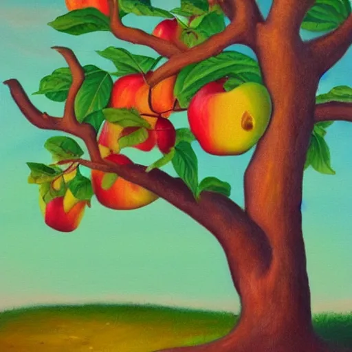 Image similar to anthropomorphized apples taking bites of tiny people that are growing on trees, oil painting, fantasy