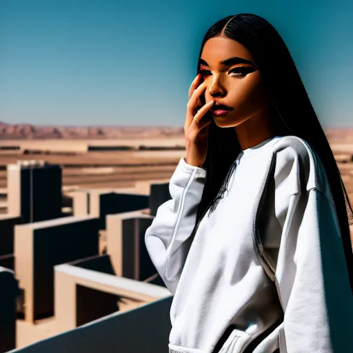 Image similar to photographic portrait of a streetwear woman, closeup, on the rooftop of a futuristic city overlooking a desert oasis, sigma 85mm f/1.4, 4k, depth of field, high resolution, 4k, 8k, hd, full color