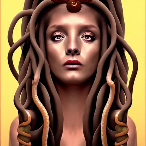 Image similar to portrait of medusa with long thin sausages instead of snakes, sausage hair, painting, illustration, intricate details, masterpiece, digital art, trending on artstation