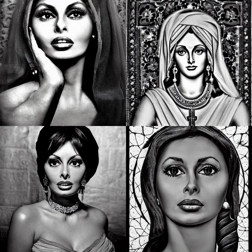 Prompt: a picture of sofia loren in the style of a byzantine icon. black and white award winning photography 5 0 mm