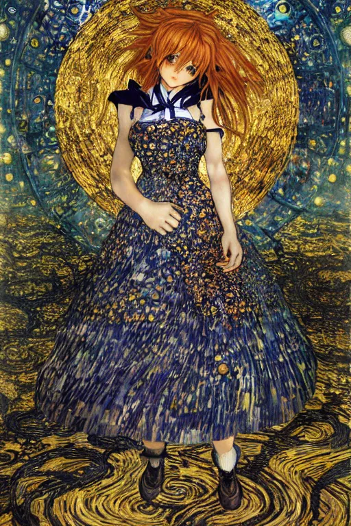 Image similar to Kirisame Marisa from touhou, official artwork, by Karol Bak, Jean Deville, Gustav Klimt, and Vincent Van Gogh, Surreality, otherworldly, fractal structures, arcane, ornate gilded medieval icon, spirals