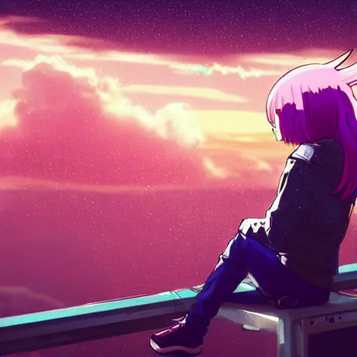 Prompt: android mechanical cyborg anime girl child overlooking overcrowded urban dystopia sitting. Pastel pink clouds baby blue sky. Gigantic future city. Raining. Makoto Shinkai. Wide angle. Distant shot. Purple sunset. Sunset ocean reflection. Pink hair. Pink and white hoodie. Cyberpunk. nebula sky.