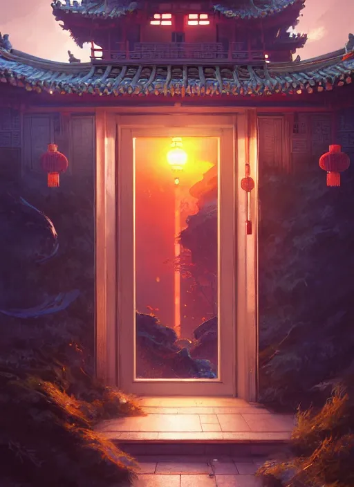 Prompt: Highly detailed and reflective chinese door, Stephen Bliss, unreal engine, fantasy art by Greg Rutkowski, Loish, Rhads, Makoto Shinkai and Lois van baarle, ilya kuvshinov, rossdraws, Tom Bagshaw, global illumination, radiant light, detailed and intricate environment