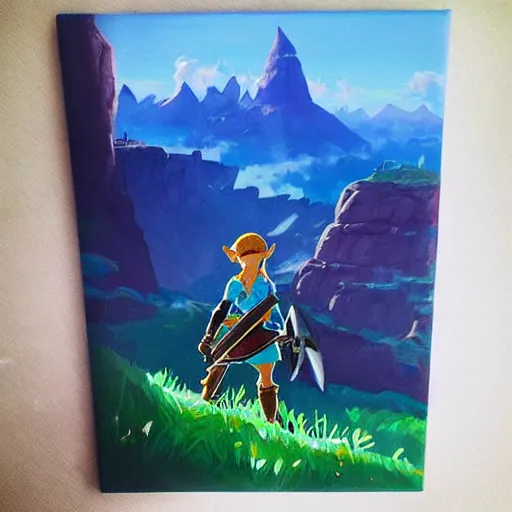 Image similar to oil painting of zelda breath of the wild, iconic mountain in the background. beautiful, rpg, dnd, artgerm, colorful, disney, pixar