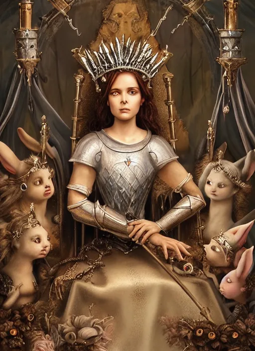 Prompt: highly detailed closeup portrait of a goth fairytale joan of arc wearing a crown and sitting on a throne, surrounded by cutr bunnies, unreal engine, nicoletta ceccoli, mark ryden, earl norem, lostfish, global illumination, god rays, detailed and intricate environment
